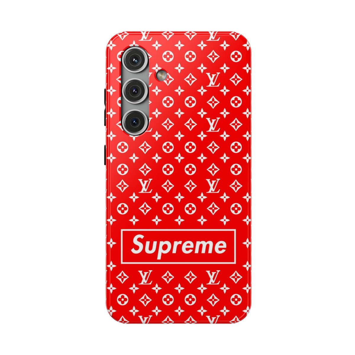 Impact-Resistant Phone Case — Red Monogram Pattern with Bold 'Supreme' Style Logo