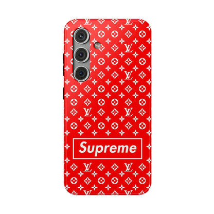 Impact-Resistant Phone Case — Red Monogram Pattern with Bold 'Supreme' Style Logo