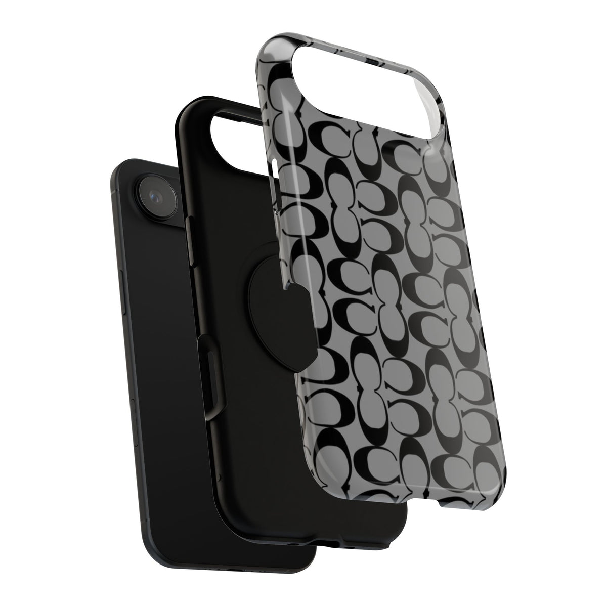 Monogram Pattern Impact-Resistant Phone Case — Black & Gray Designer-Inspired Protection