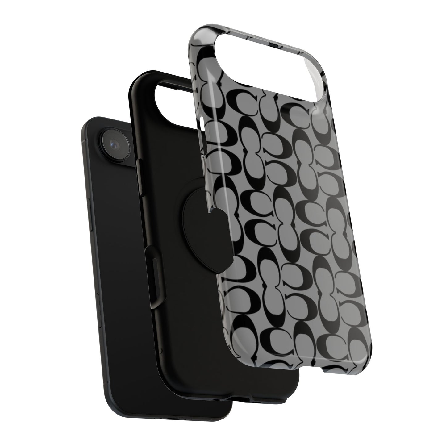 Monogram Pattern Impact-Resistant Phone Case — Black & Gray Designer-Inspired Protection