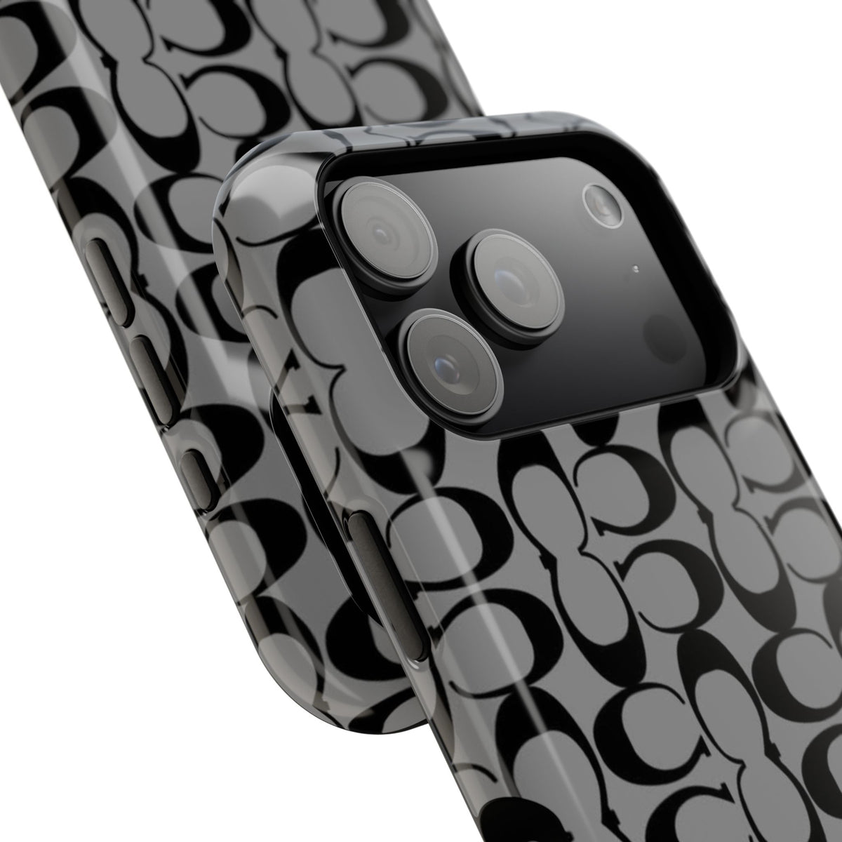 Monogram Pattern Impact-Resistant Phone Case — Black & Gray Designer-Inspired Protection