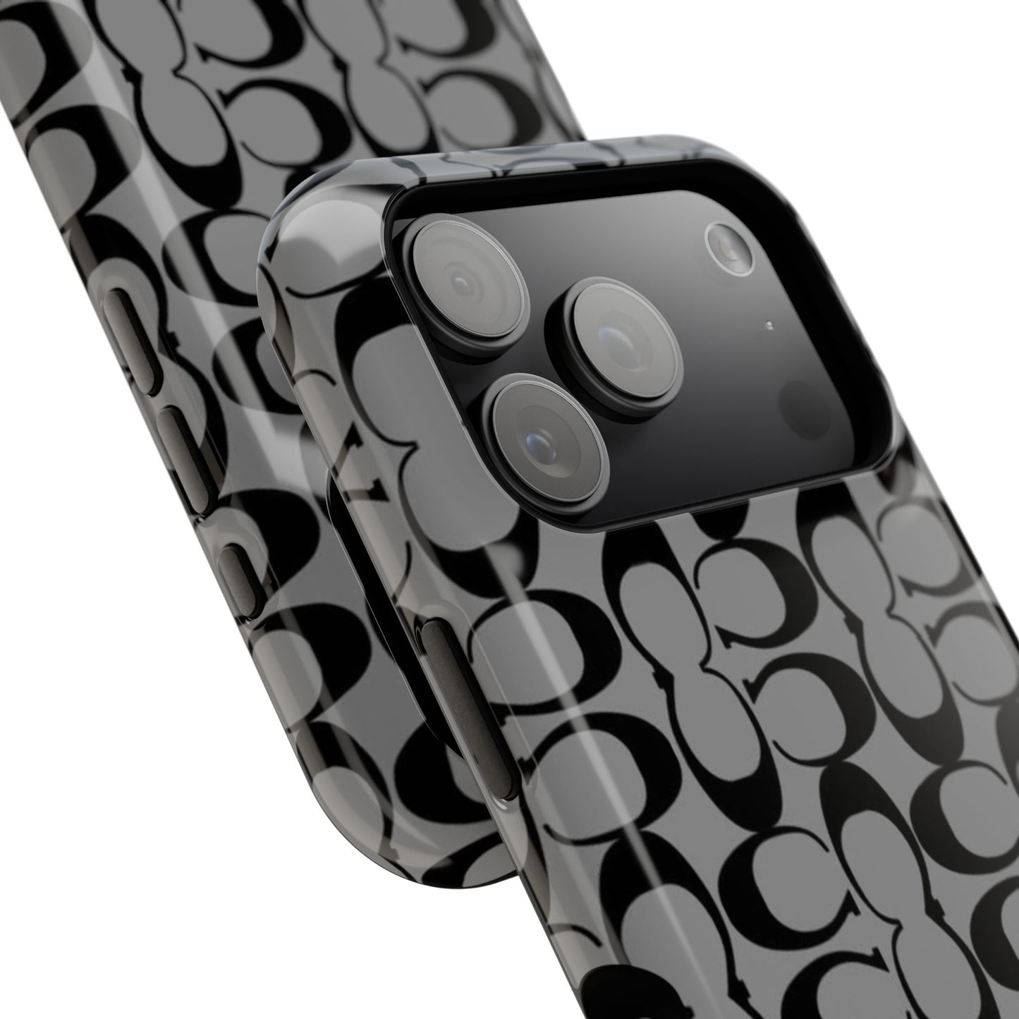 Monogram Pattern Impact-Resistant Phone Case — Black & Gray Designer-Inspired Protection