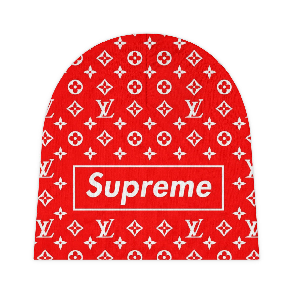 Supreme Graphic Beanie — Red Logo Monogram Knit (All-Over Print)