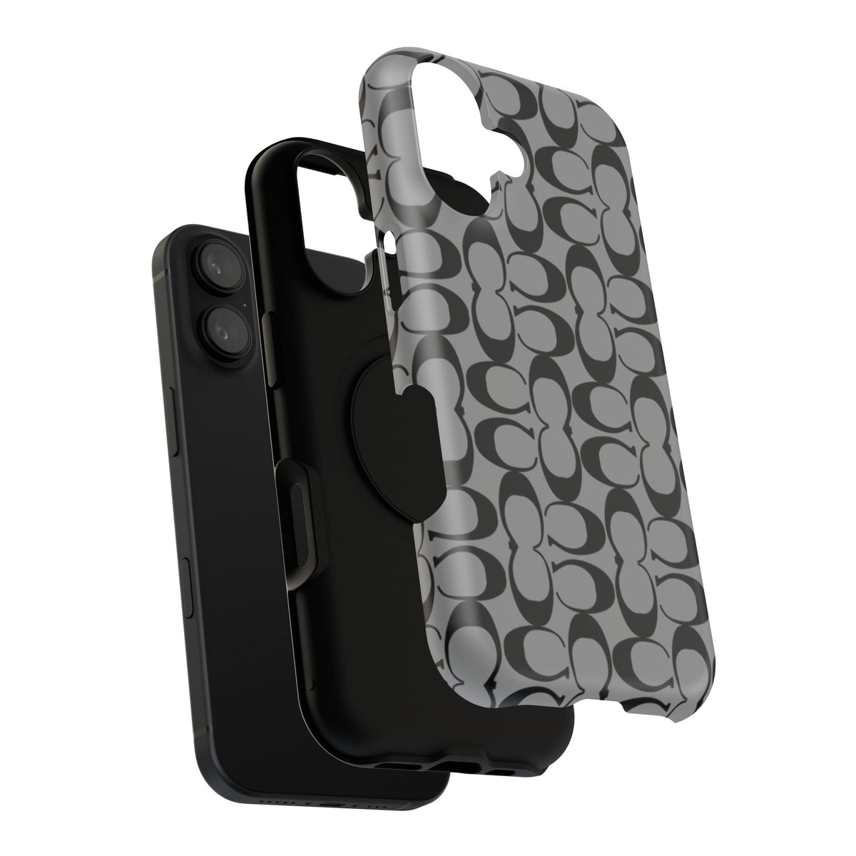 Monogram Pattern Impact-Resistant Phone Case — Black & Gray Designer-Inspired Protection