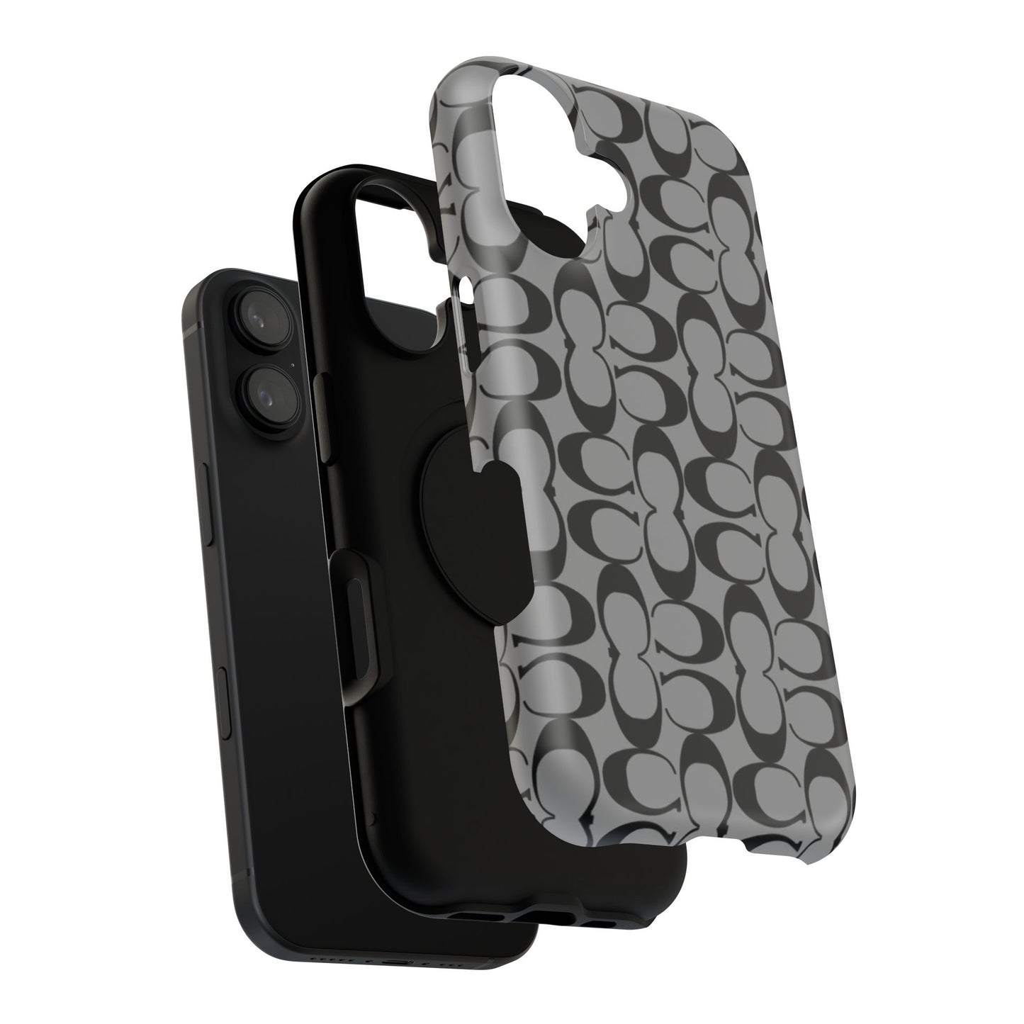 Monogram Pattern Impact-Resistant Phone Case — Black & Gray Designer-Inspired Protection
