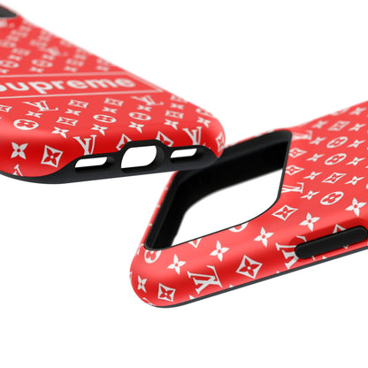 Impact-Resistant Phone Case — Red Monogram Pattern with Bold 'Supreme' Style Logo