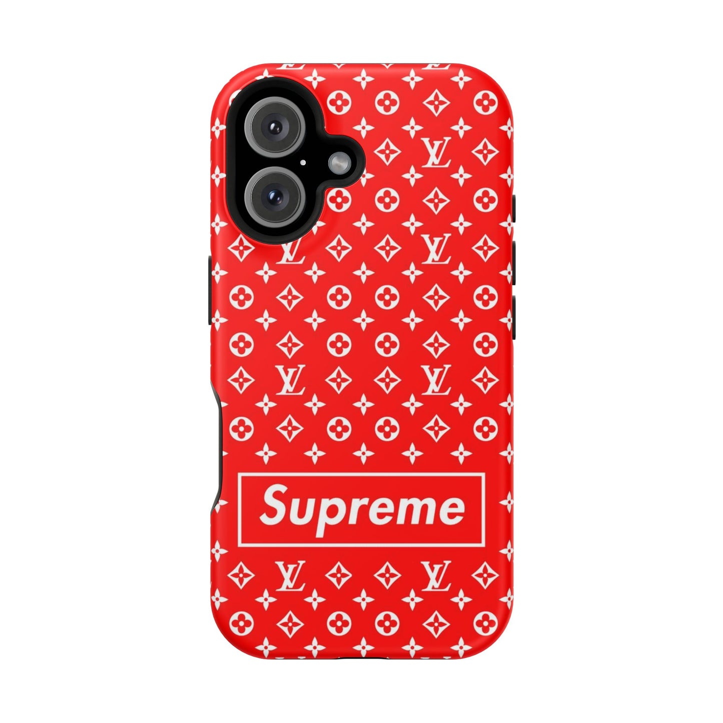 Impact-Resistant Phone Case — Red Monogram Pattern with Bold 'Supreme' Style Logo