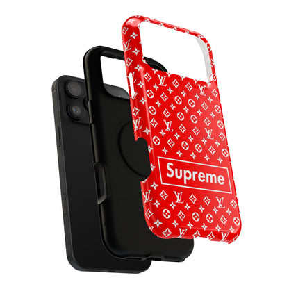 Impact-Resistant Phone Case — Red Monogram Pattern with Bold 'Supreme' Style Logo