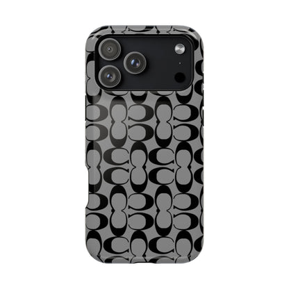 Monogram Pattern Impact-Resistant Phone Case — Black & Gray Designer-Inspired Protection
