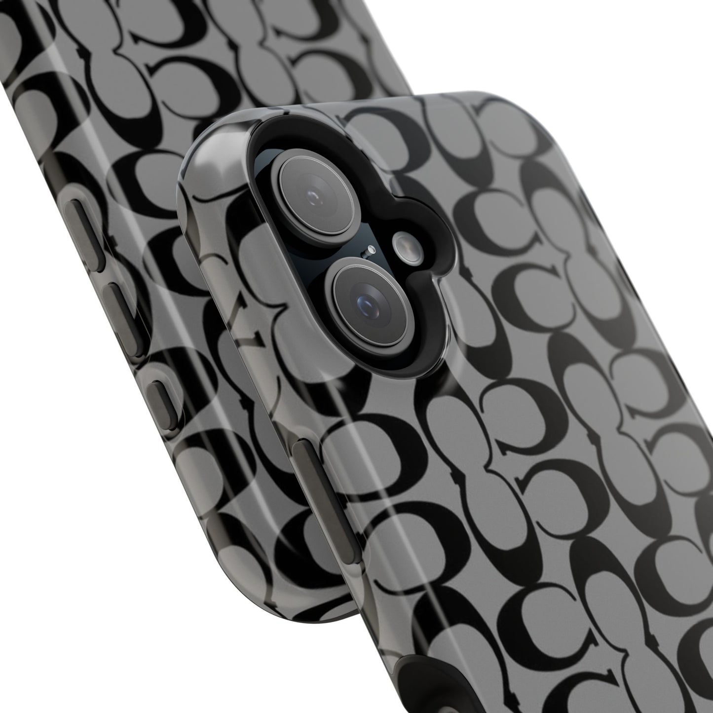 Monogram Pattern Impact-Resistant Phone Case — Black & Gray Designer-Inspired Protection