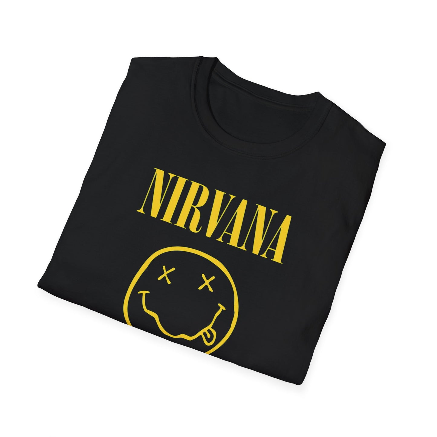 Nirvana Vintage smiley logo T-Shirt | Grunge band tee, yellow on black