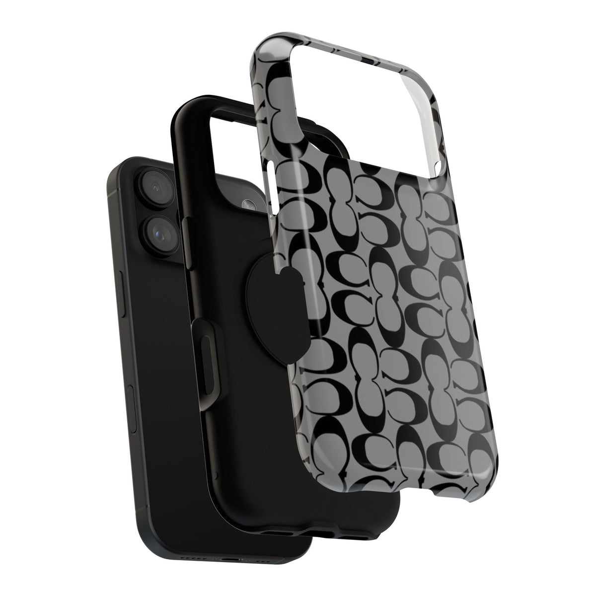 Monogram Pattern Impact-Resistant Phone Case — Black & Gray Designer-Inspired Protection