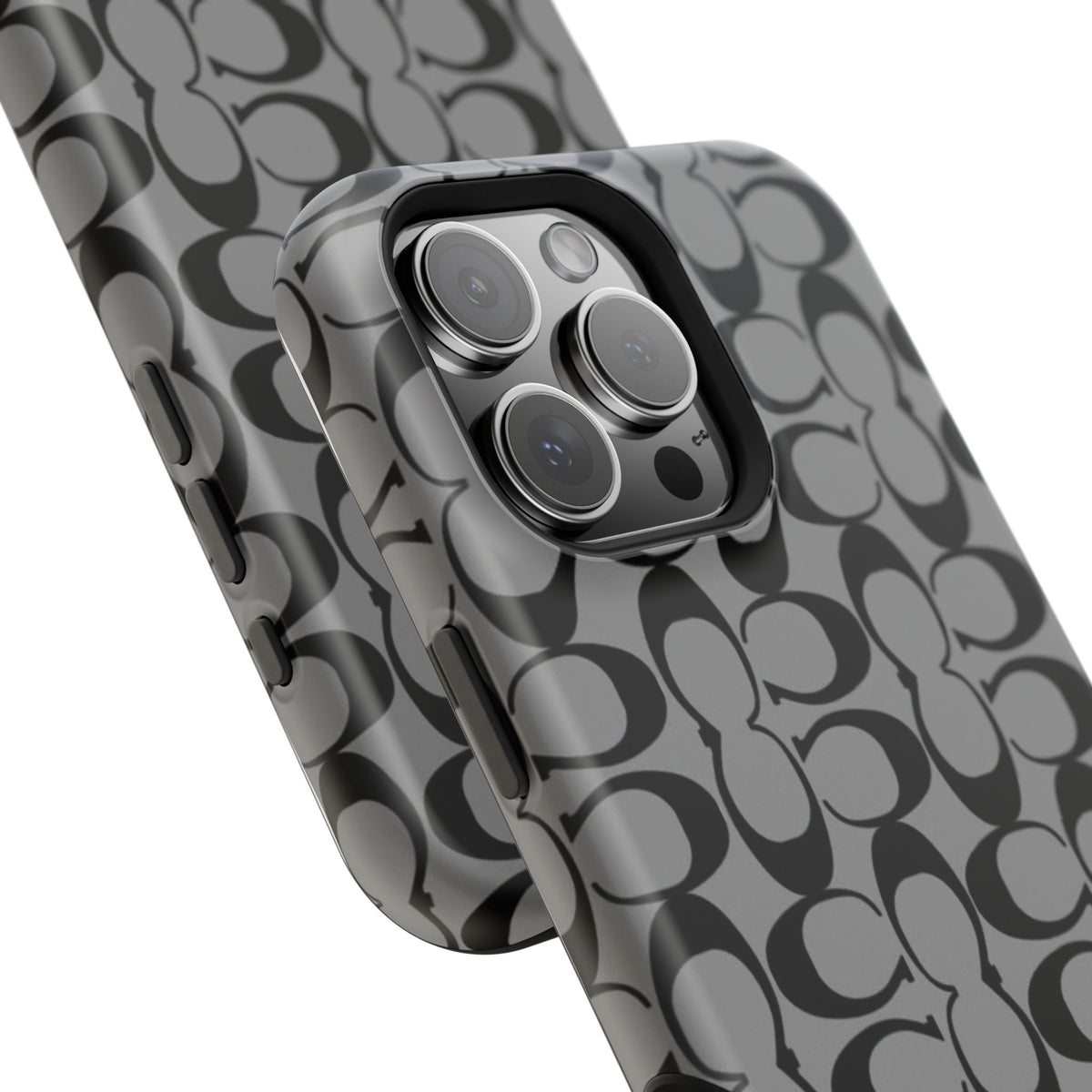 Monogram Pattern Impact-Resistant Phone Case — Black & Gray Designer-Inspired Protection