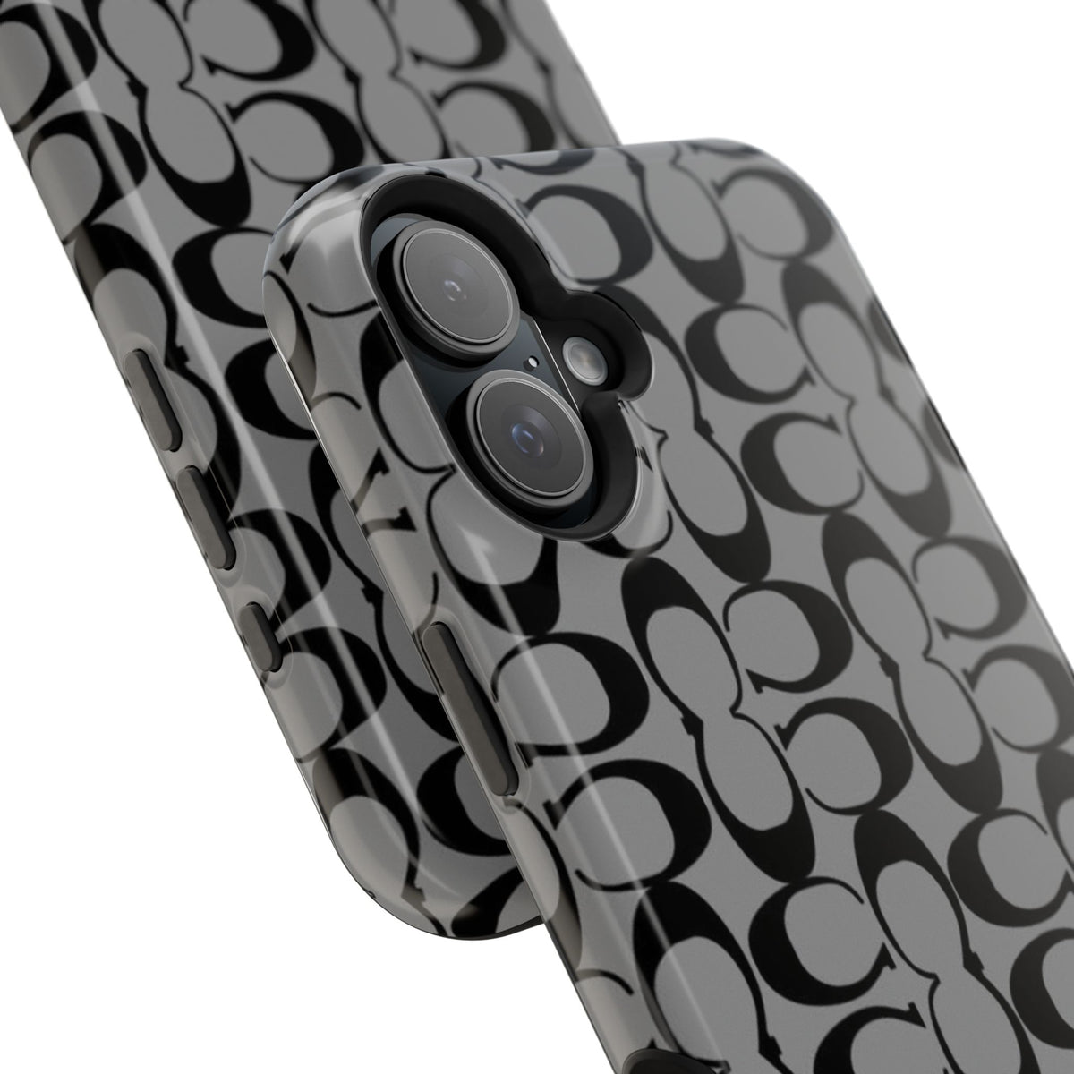 Monogram Pattern Impact-Resistant Phone Case — Black & Gray Designer-Inspired Protection