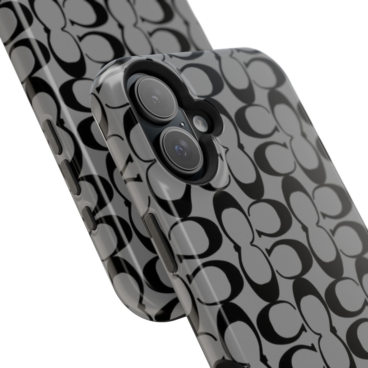 Monogram Pattern Impact-Resistant Phone Case — Black & Gray Designer-Inspired Protection