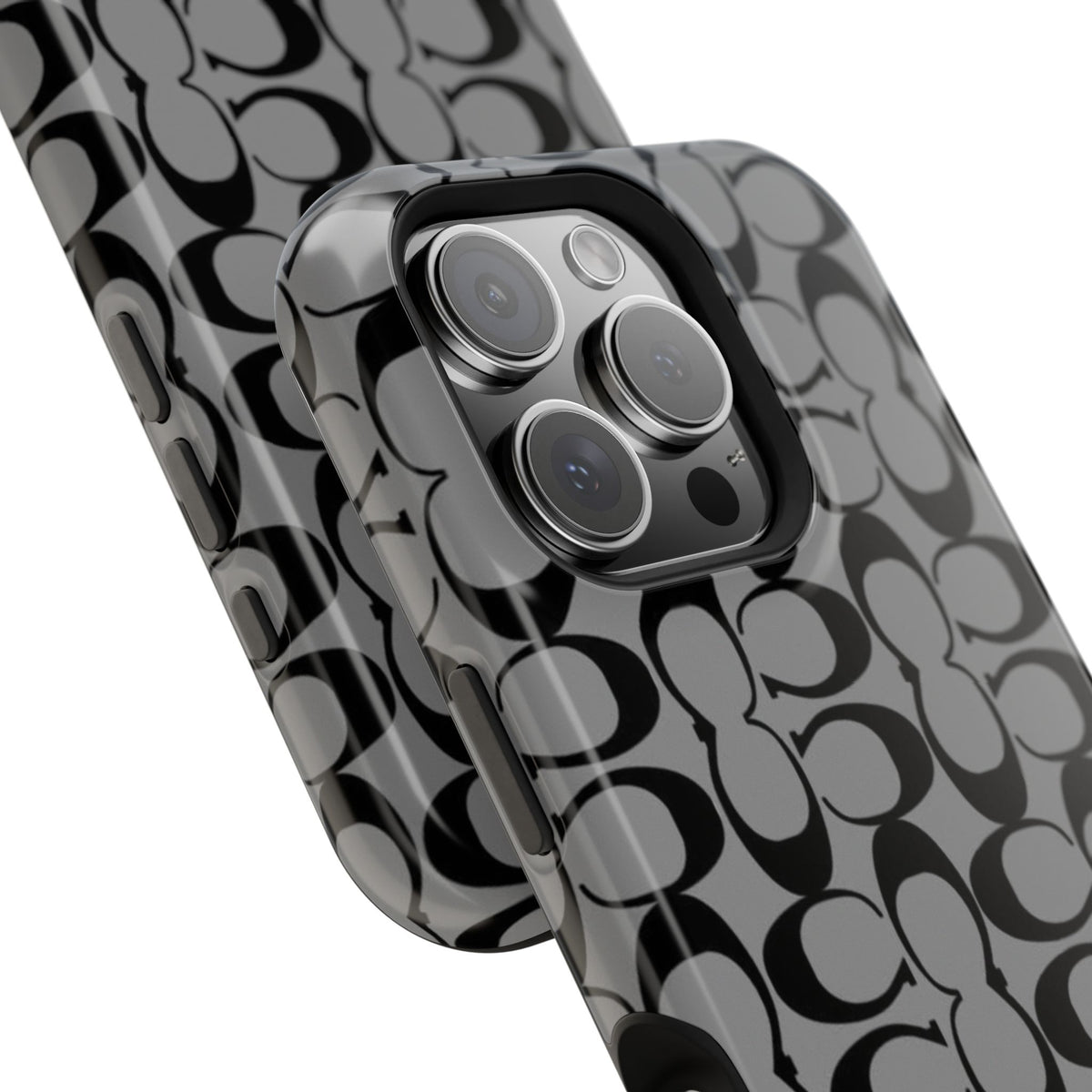 Monogram Pattern Impact-Resistant Phone Case — Black & Gray Designer-Inspired Protection
