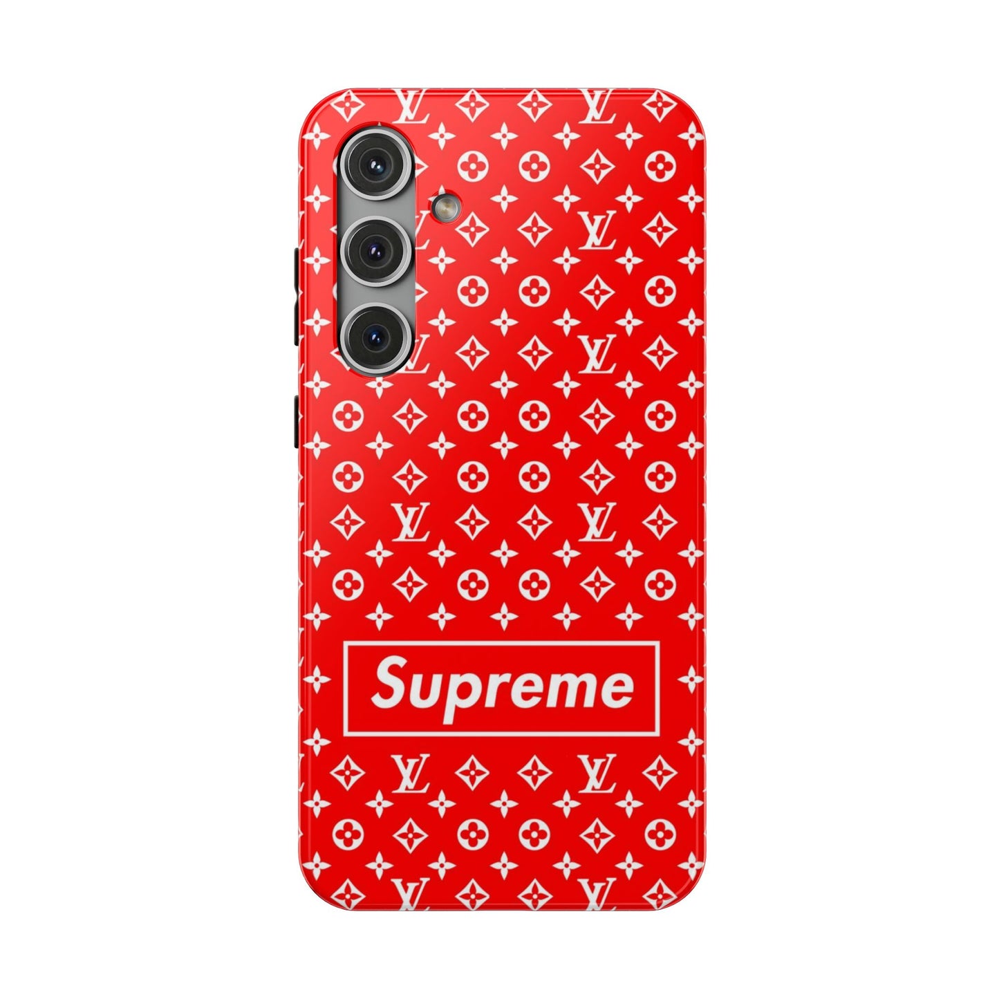 Impact-Resistant Phone Case — Red Monogram Pattern with Bold 'Supreme' Style Logo