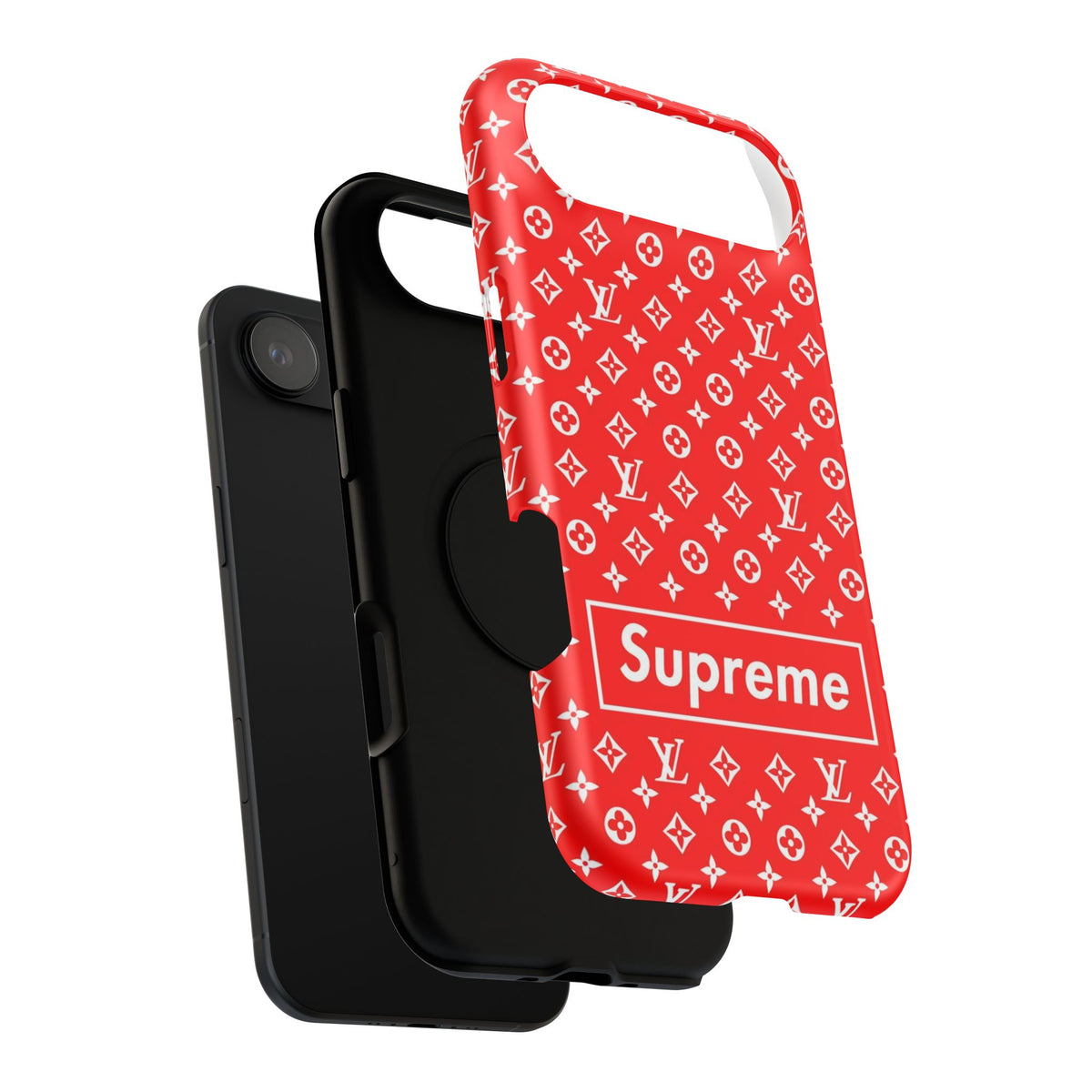 Impact-Resistant Phone Case — Red Monogram Pattern with Bold 'Supreme' Style Logo