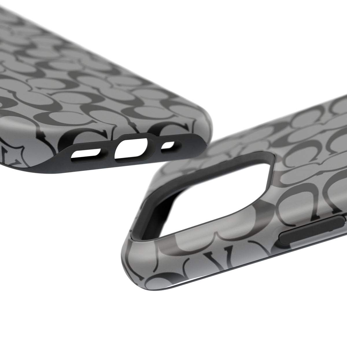 Monogram Pattern Impact-Resistant Phone Case — Black & Gray Designer-Inspired Protection