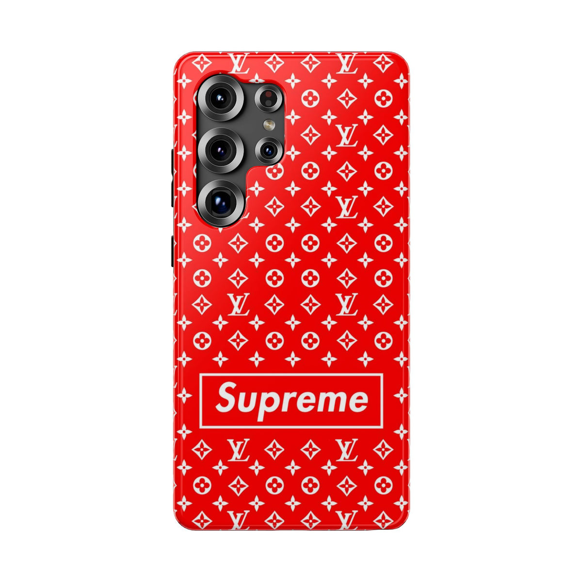 Impact-Resistant Phone Case — Red Monogram Pattern with Bold 'Supreme' Style Logo