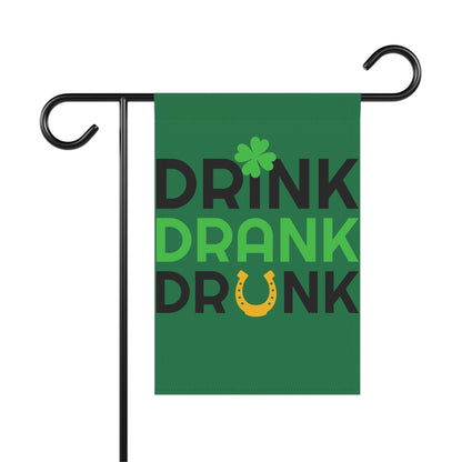 Drink Drank Drunk Garden Flag | St. Patrick's Day Shamrock & Horseshoe