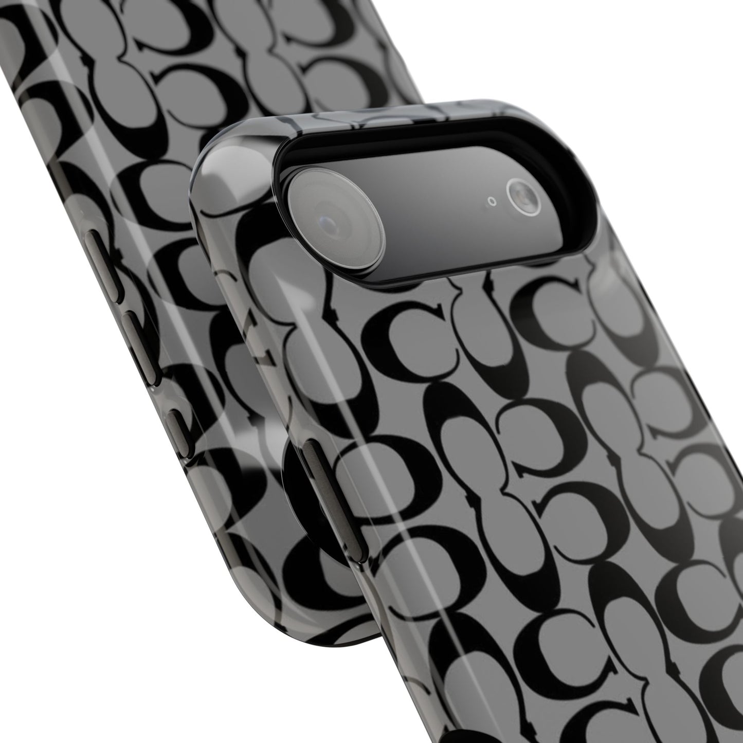 Monogram Pattern Impact-Resistant Phone Case — Black & Gray Designer-Inspired Protection
