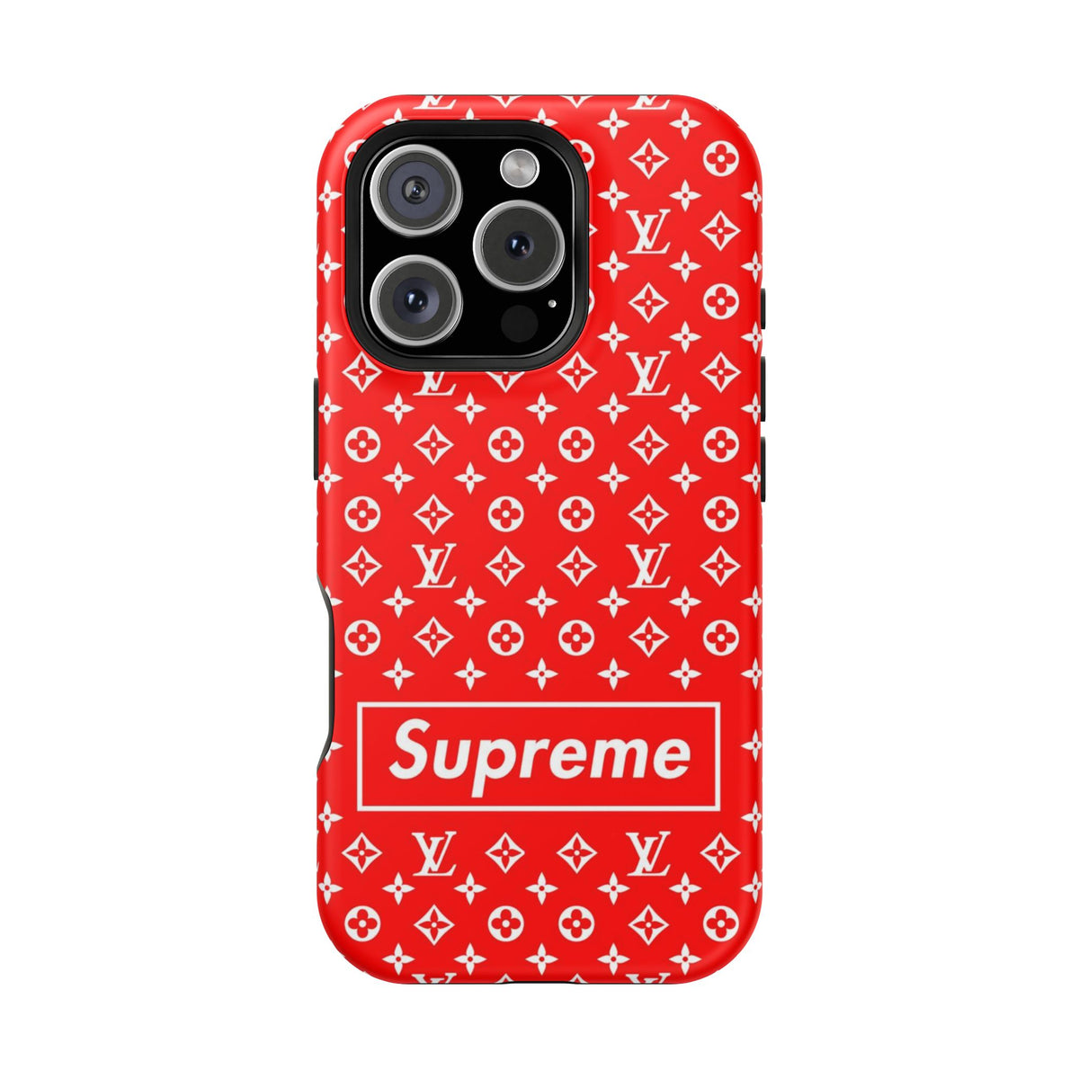 Impact-Resistant Phone Case — Red Monogram Pattern with Bold 'Supreme' Style Logo