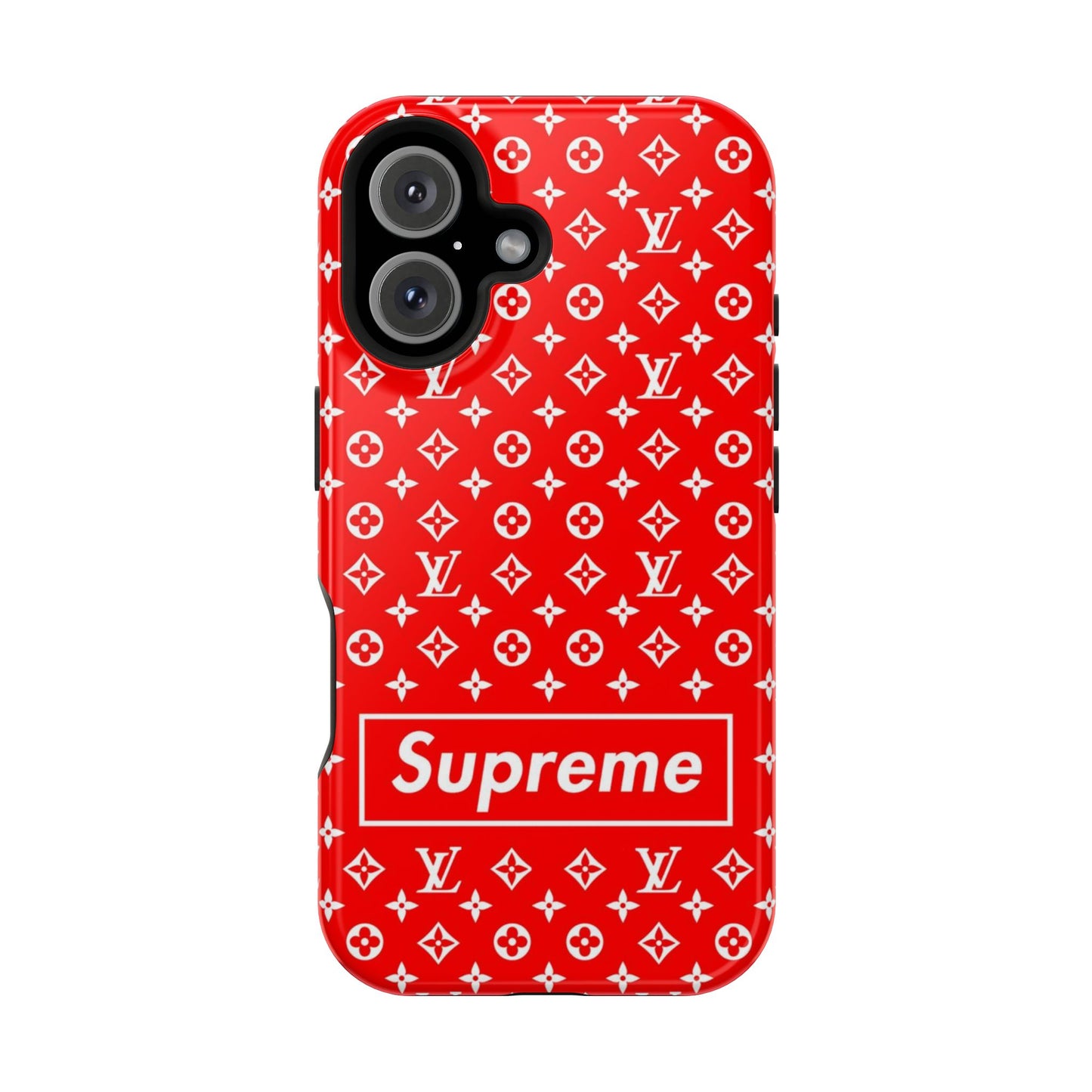 Impact-Resistant Phone Case — Red Monogram Pattern with Bold 'Supreme' Style Logo