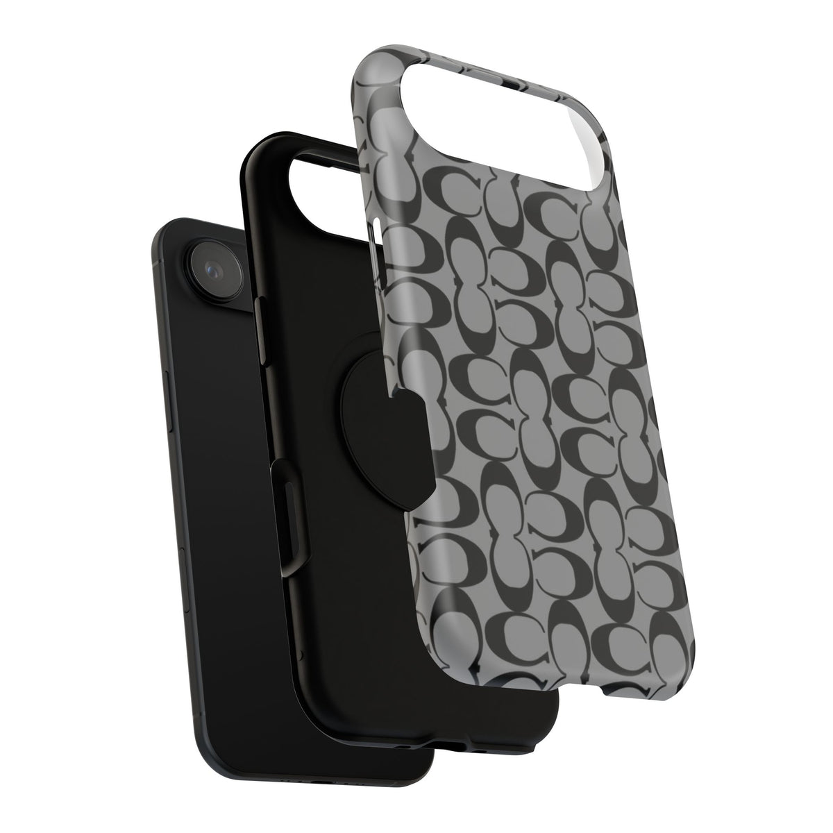 Monogram Pattern Impact-Resistant Phone Case — Black & Gray Designer-Inspired Protection