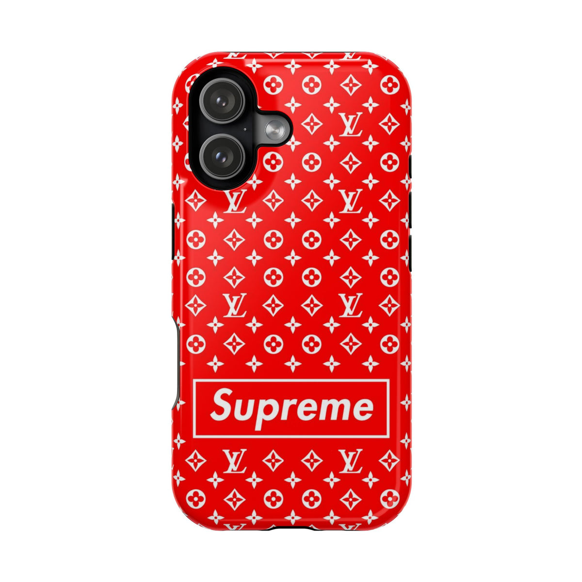 Impact-Resistant Phone Case — Red Monogram Pattern with Bold 'Supreme' Style Logo