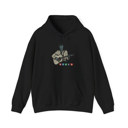 Elvis Silhouette Hoodie — Cozy Music Lover Pullover with Color Block Notes