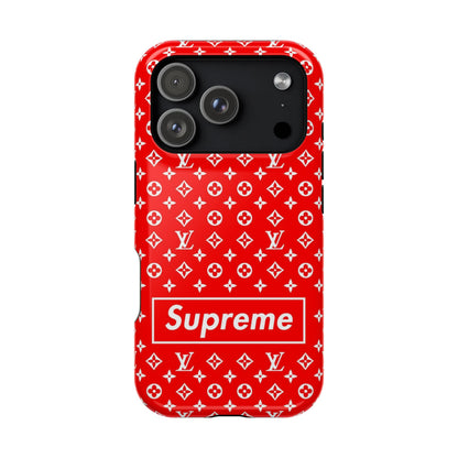 Impact-Resistant Phone Case — Red Monogram Pattern with Bold 'Supreme' Style Logo