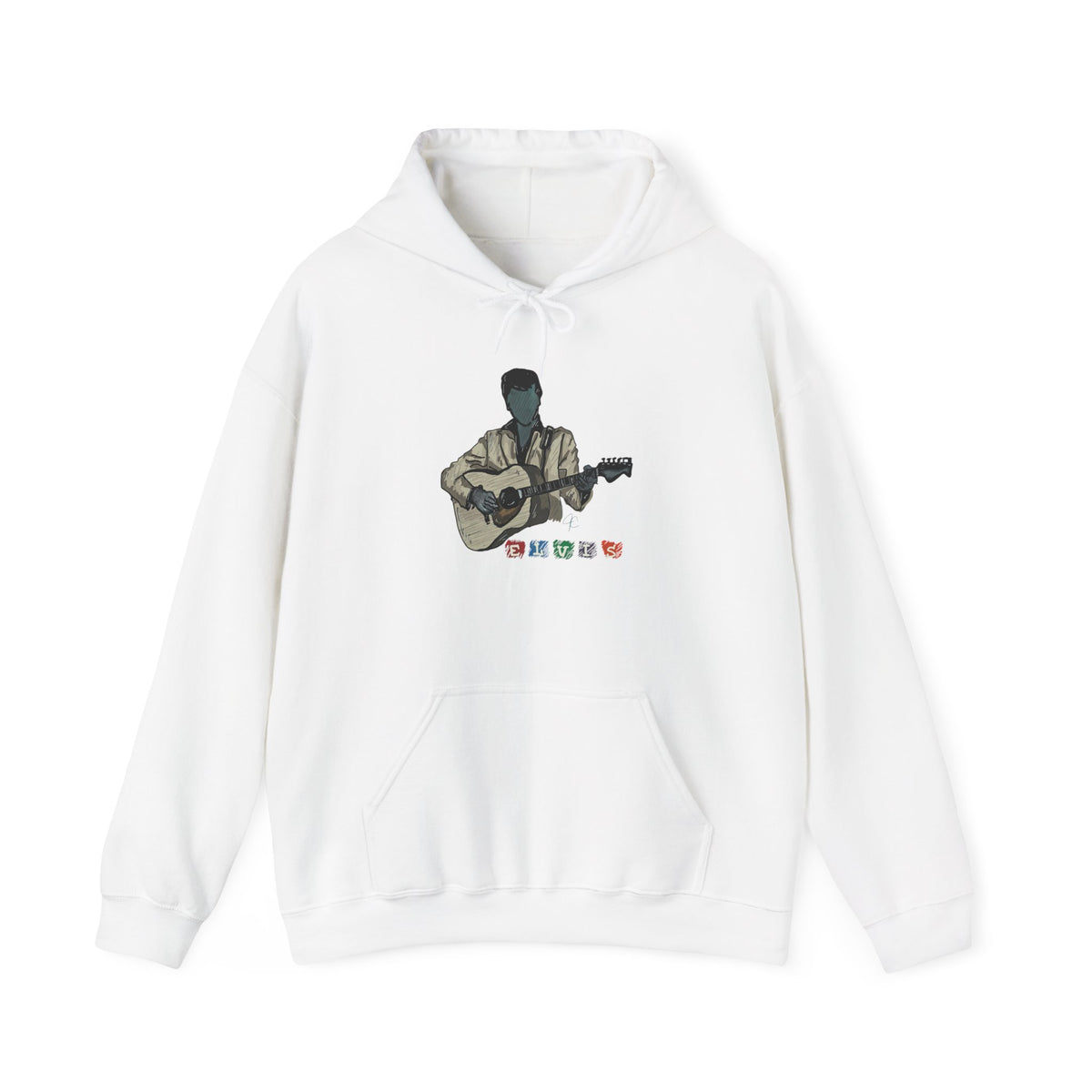 Elvis Silhouette Hoodie — Cozy Music Lover Pullover with Color Block Notes