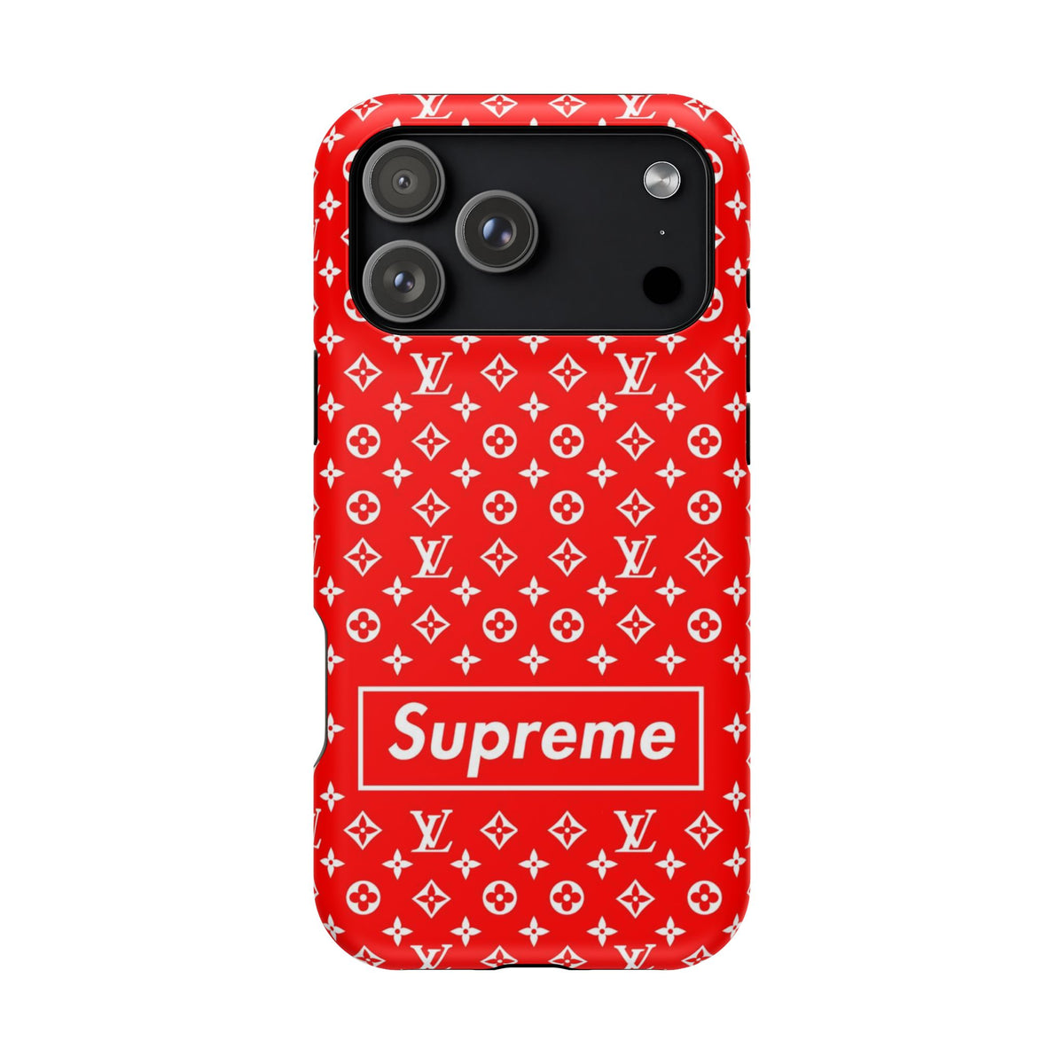 Impact-Resistant Phone Case — Red Monogram Pattern with Bold 'Supreme' Style Logo