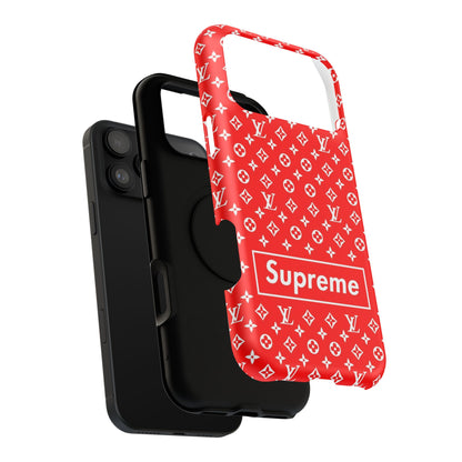 Impact-Resistant Phone Case — Red Monogram Pattern with Bold 'Supreme' Style Logo