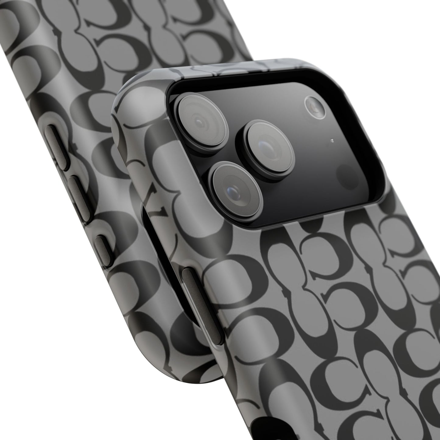 Monogram Pattern Impact-Resistant Phone Case — Black & Gray Designer-Inspired Protection