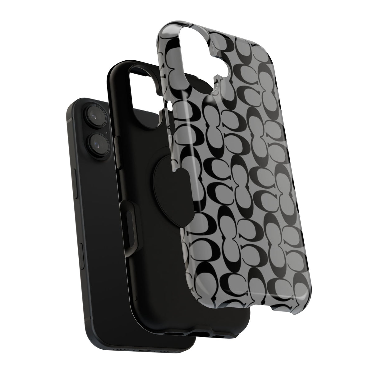 Monogram Pattern Impact-Resistant Phone Case — Black & Gray Designer-Inspired Protection