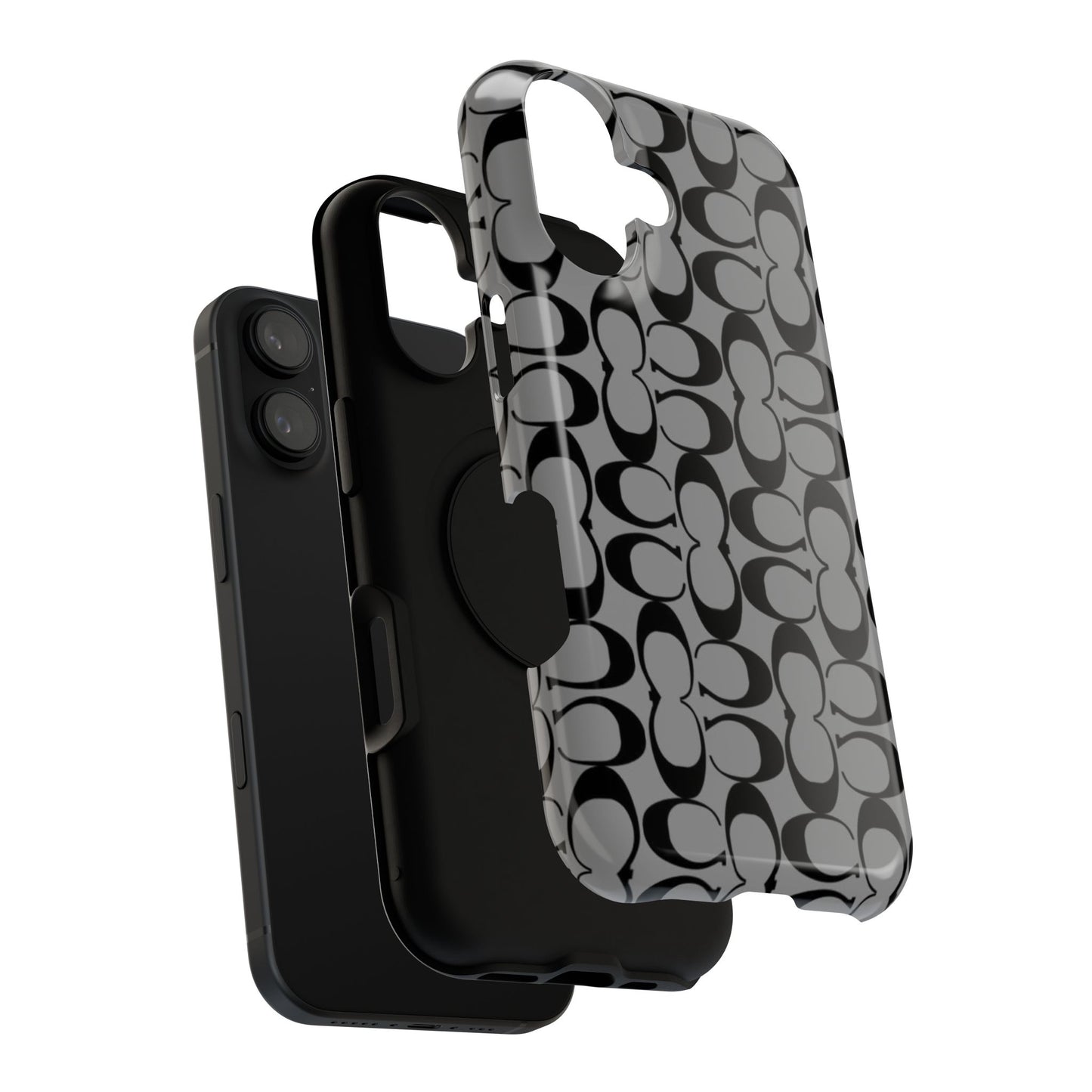 Monogram Pattern Impact-Resistant Phone Case — Black & Gray Designer-Inspired Protection
