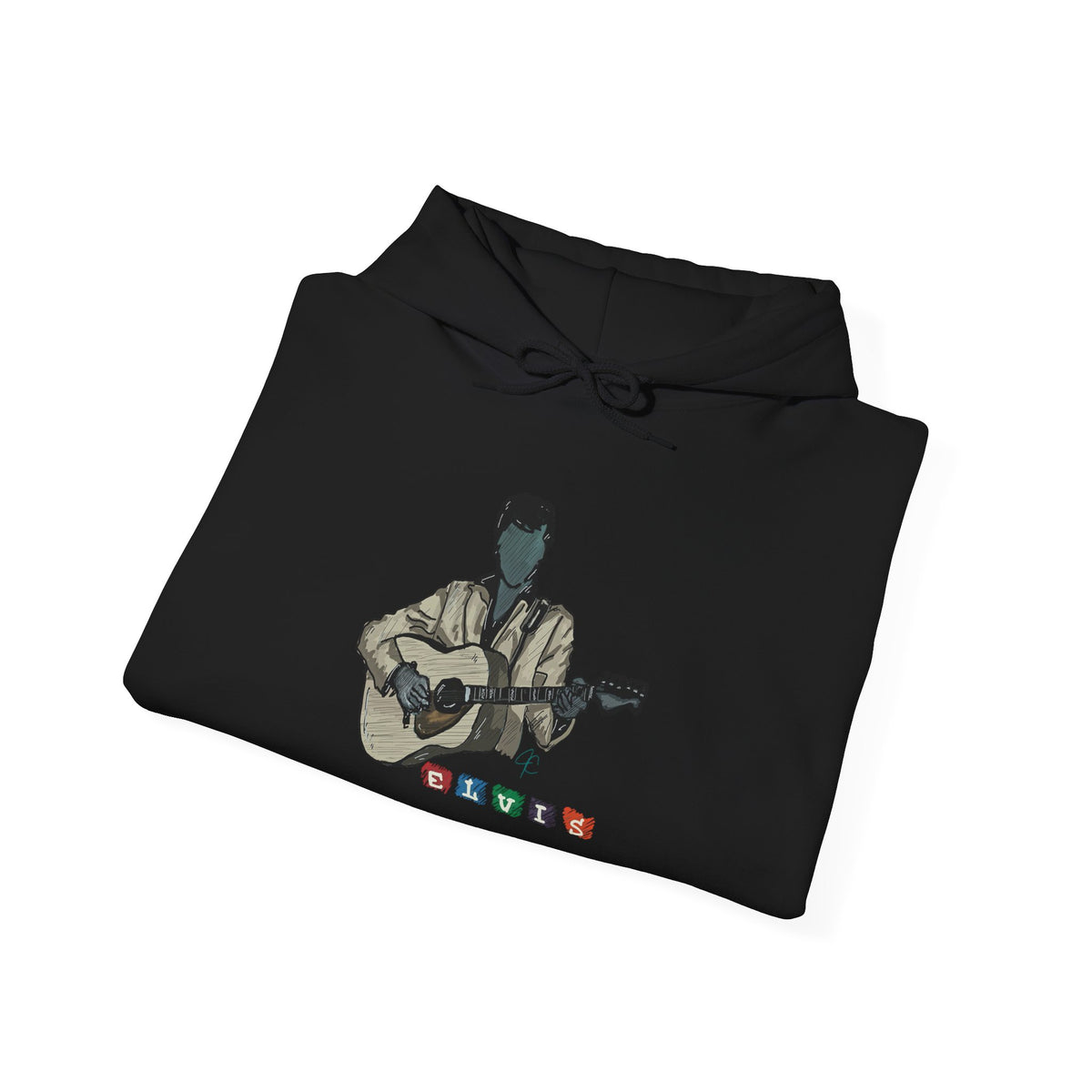 Elvis Silhouette Hoodie — Cozy Music Lover Pullover with Color Block Notes