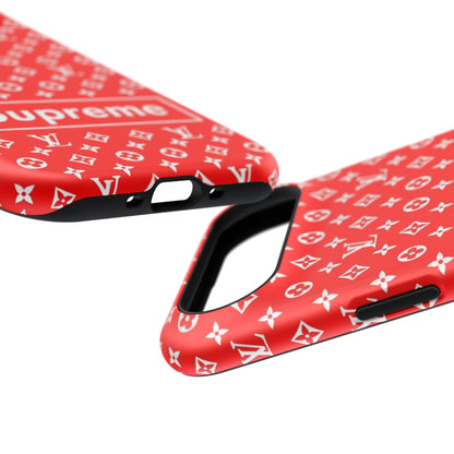 Impact-Resistant Phone Case — Red Monogram Pattern with Bold 'Supreme' Style Logo