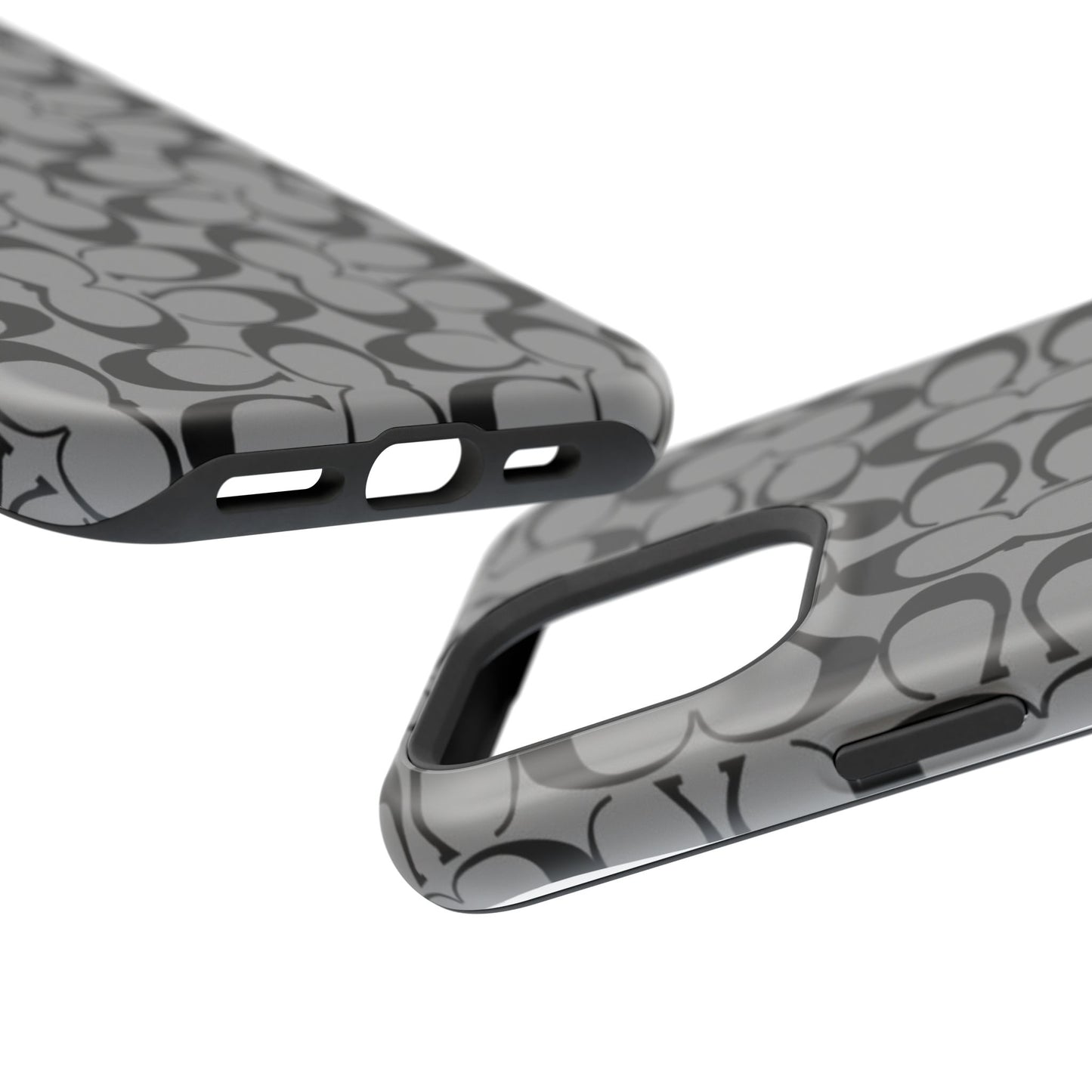 Monogram Pattern Impact-Resistant Phone Case — Black & Gray Designer-Inspired Protection