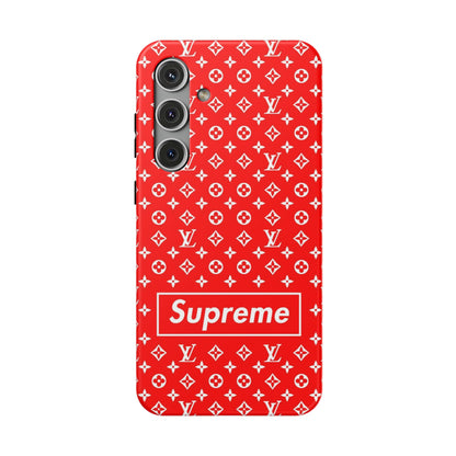 Impact-Resistant Phone Case — Red Monogram Pattern with Bold 'Supreme' Style Logo