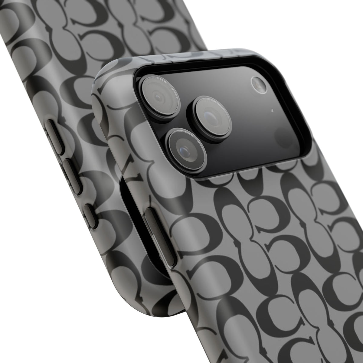 Monogram Pattern Impact-Resistant Phone Case — Black & Gray Designer-Inspired Protection