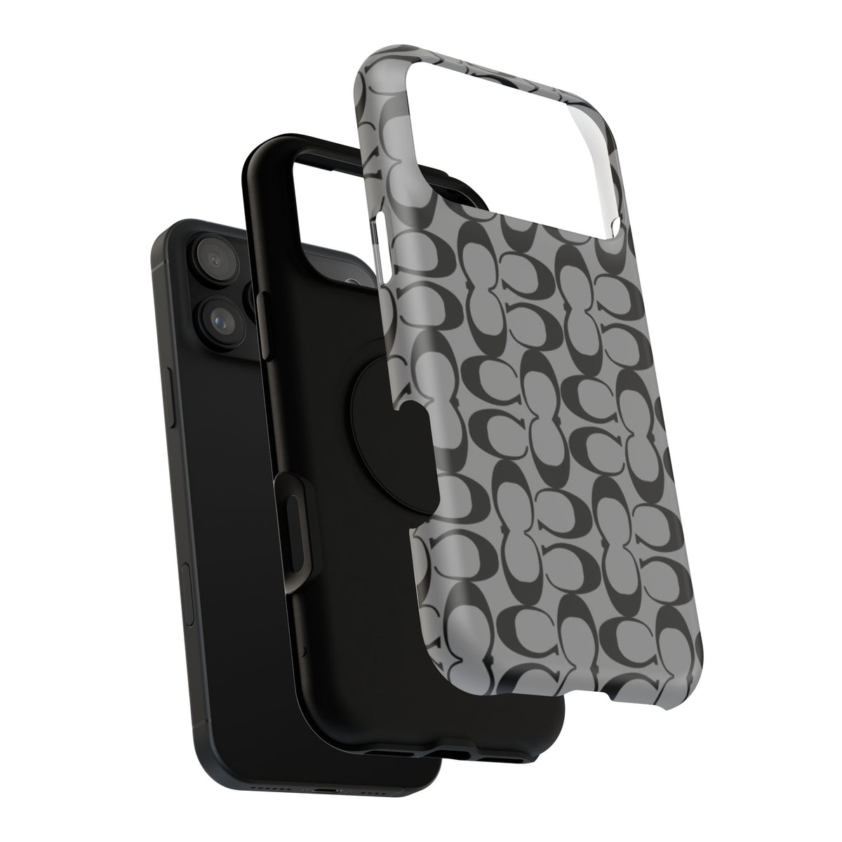Monogram Pattern Impact-Resistant Phone Case — Black & Gray Designer-Inspired Protection