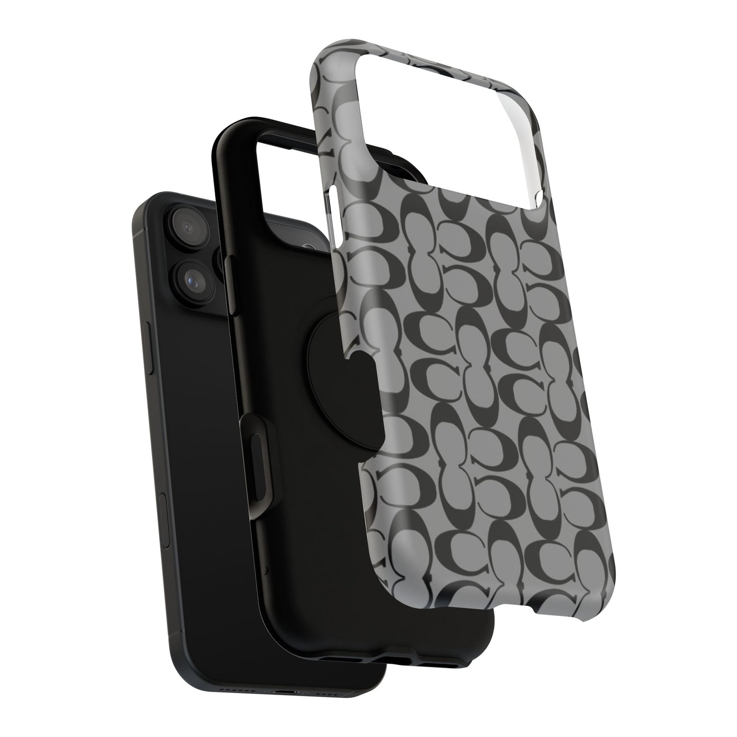 Monogram Pattern Impact-Resistant Phone Case — Black & Gray Designer-Inspired Protection