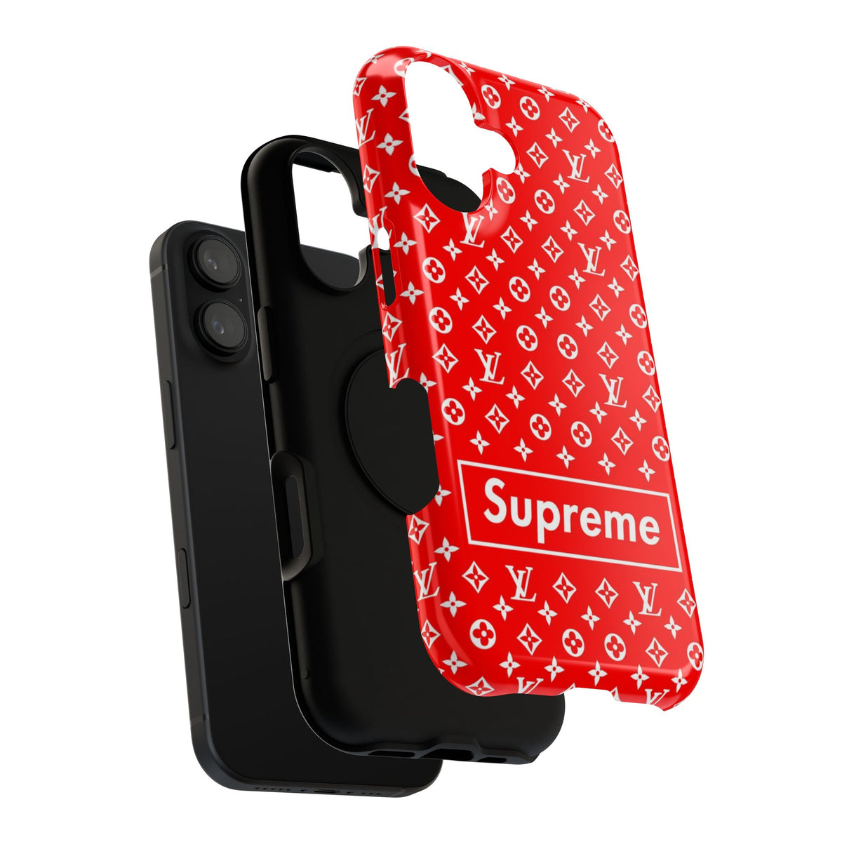 Impact-Resistant Phone Case — Red Monogram Pattern with Bold 'Supreme' Style Logo