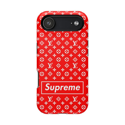 Impact-Resistant Phone Case — Red Monogram Pattern with Bold 'Supreme' Style Logo