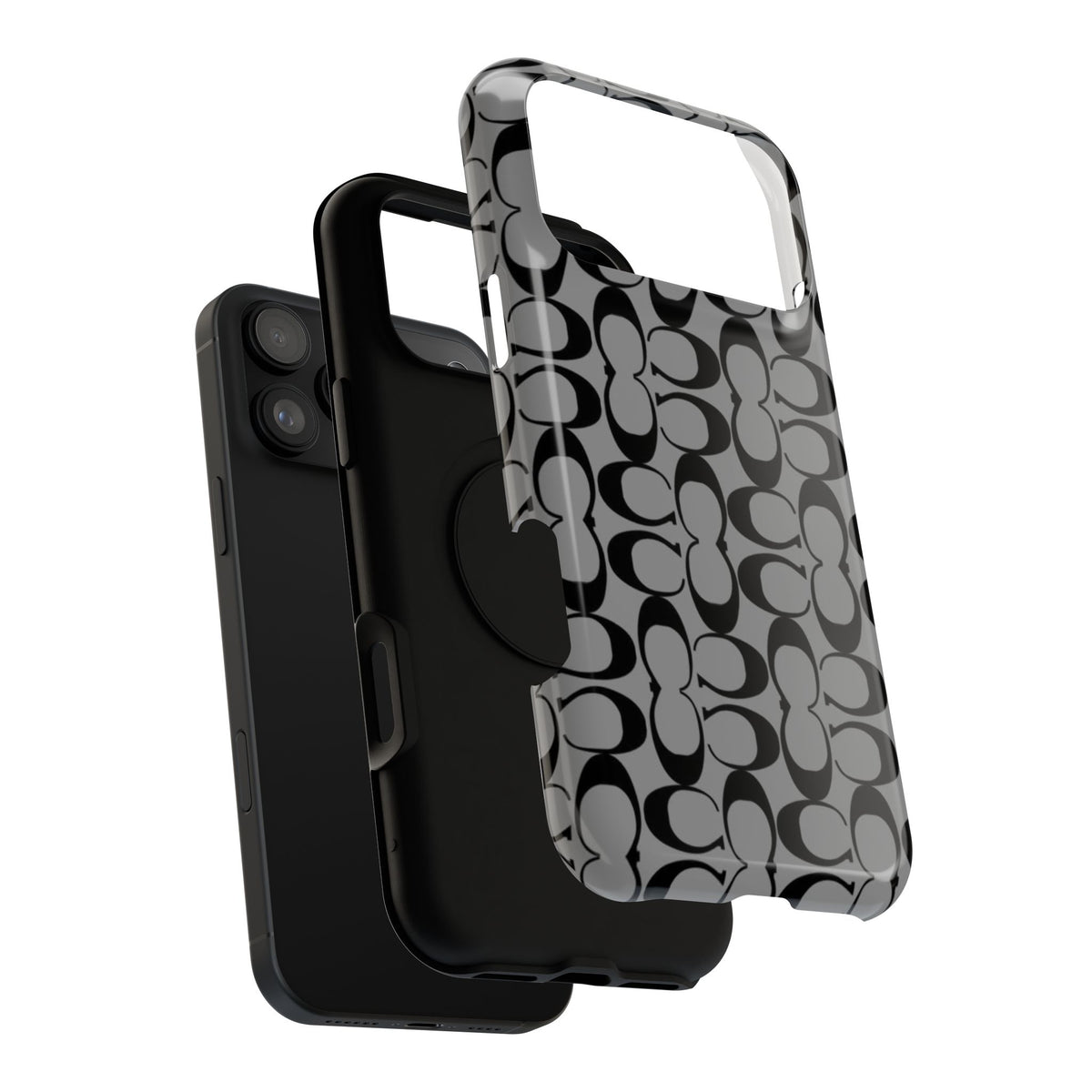 Monogram Pattern Impact-Resistant Phone Case — Black & Gray Designer-Inspired Protection