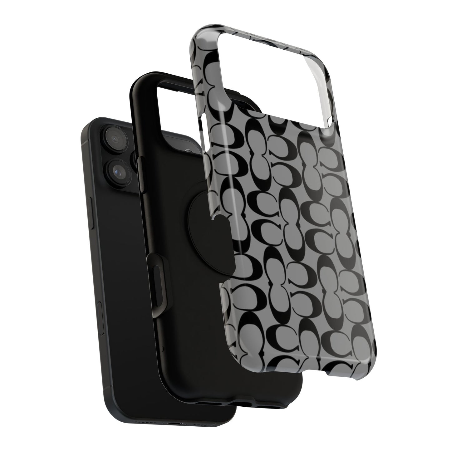 Monogram Pattern Impact-Resistant Phone Case — Black & Gray Designer-Inspired Protection