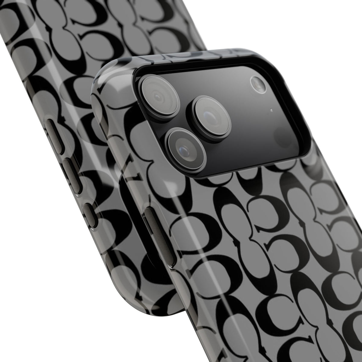 Monogram Pattern Impact-Resistant Phone Case — Black & Gray Designer-Inspired Protection